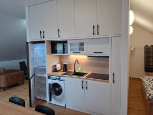 a kitchen with white cabinets and a washing machine at 3 JABLANE apartmaji in Beltinci