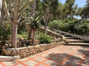 a garden with a stone wall and some trees at Ibizan Style Studio in Jesús in Nuestra Señora de Jesus