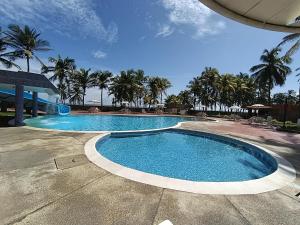 a large swimming pool with palm trees in the background at Nautilus suites in Tucacas