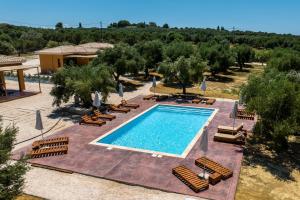 an overhead view of a swimming pool with chairs and trees at Eleon Olive Retreat - Skourochori in Katakolo