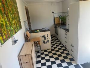 a kitchen with a box on a checkered floor at wiesenhimmel cozy, Tiny house with sauna in Forchtenberg