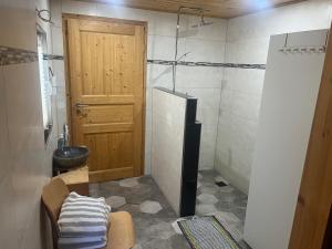 a bathroom with a shower and a wooden door at wiesenhimmel cozy, Tiny house with sauna in Forchtenberg