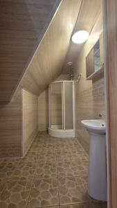 a bathroom with a shower and a toilet and a sink at Kupiškio marių vila in Aukštupėnai