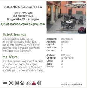 a menu for a restaurant with a table and chairs at Rifugio Escursionistico Locanda Borgo Villa in Acceglio