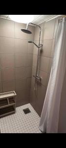 a shower with a shower curtain in a bathroom at Casa Bonita helt ny lejlighed med eget toilet in Hjørring +11 photos