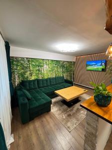 a living room with a green couch and a table at Green Escape in Slănic-Moldova