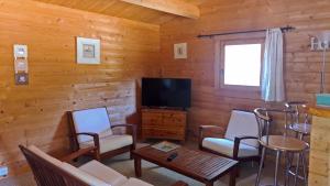 a living room with a tv and chairs and a table at chalet climatisé Porticcio Corse in Fontanaccio