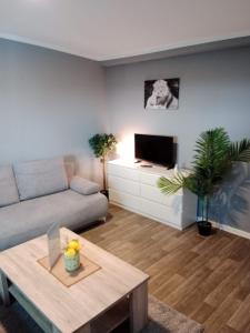 a living room with a couch and a table at FjordHome in Flensburg