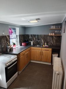 a kitchen with wooden cabinets and a sink at FjordHome in Flensburg