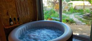a bath tub filled with blue water next to a window at Chez Dany et Alain in Brouzet-lès-Alès