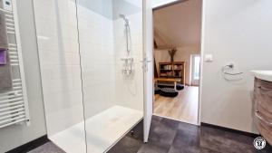 a bathroom with a shower with a glass door at La Virée Champêtre in Villiers-Saint-Benoît +16 photos