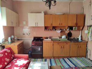 a small kitchen with wooden cabinets and a stove at BurshtynSV in Svityazʼ +23 photos
