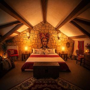 a bedroom with a large bed with a stone wall at LES GARGOUILLES - Piscine à Débordement Avec Vue Exceptionnelle - Gorges du Tarn - Millau in Boyne