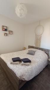 a bedroom with a large bed with pillows on it at Appartement L'esprit marin in Villers-sur-Mer