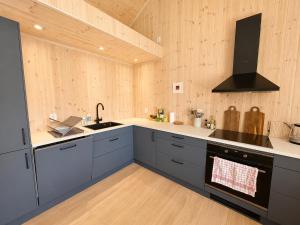 a kitchen with blue cabinets and a stove top oven at Architect designed sleeping box in barn in Nos
