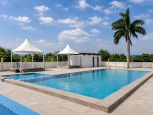 a swimming pool with two umbrellas and a palm tree at Takery Resort in Chittaurgarh