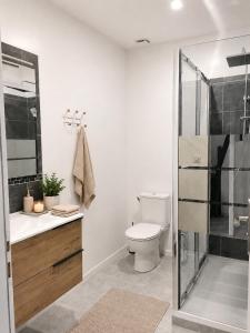 a bathroom with a toilet and a glass shower at Le temps d'une pause -3- in Cepoy