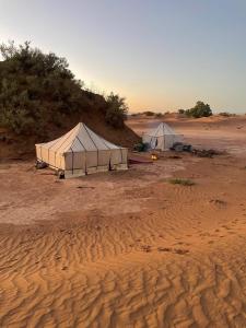 two tents in the middle of a desert at Caravane du bonheur in Mhamid