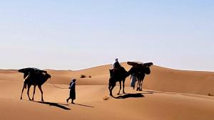 two people riding on camels in the desert at Caravane du bonheur in Mhamid