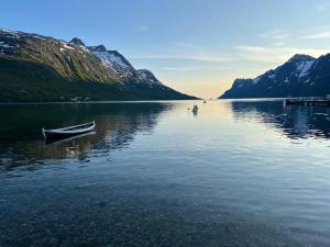 a boat on a lake in front of a mountain at Cozy apartment in Tromsø