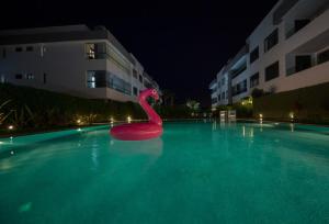 a pink swan float in a swimming pool at night at Comfort and luxury with pool in Tamaris