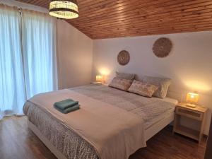 a bedroom with a large bed with two lamps on it at Kopitnik cosy cabin in Dol pri Hrastniku