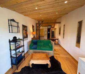 a living room with a green couch and a table at La Ferme de Mehachamp in Remiremont
