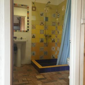 a bathroom with a shower with a sink and a toilet at House with Forest View in Lajes das Flores