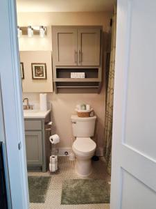 a bathroom with a toilet and a sink at Xscapecation Oasis III in Tulsa +9 photos