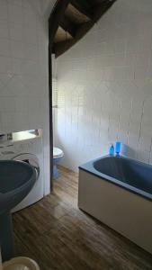 a bathroom with a tub and a washing machine at Holy Cottage in Sainpuits