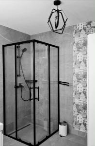 a shower with a glass door in a bathroom at Teodor Apartment in Budraičiai