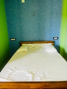 a bed in a room with a blue and green wall at Aman Convention in Chāndbāli