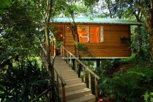 a wooden house with stairs leading up to it at Silver Green Resort in Wayanad