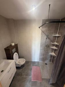 a bathroom with a shower with a toilet and a sink at Pokoje Gościnne Strażnica in Jarosławiec +112 photos