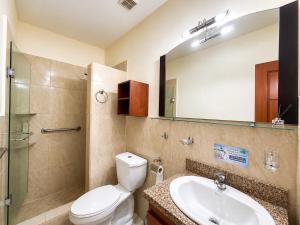 a bathroom with a toilet and a sink and a mirror at Suite Tarqui en el Centro Histórico in Cuenca +6 photos