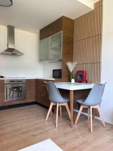 a kitchen with a table and two chairs at Apartmán Větrná s klimatizací a terasou in Zlín