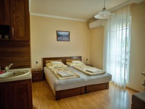 a bedroom with a bed and a sink at Aura Apartman in Hajdúszoboszló