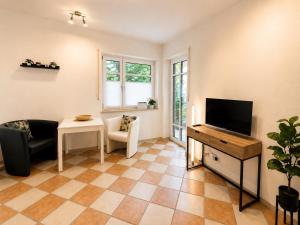 a living room with a television and a couch at Palmen Apartment direkt in Bad Aibling in Bad Aibling
