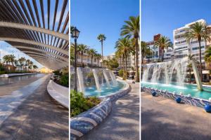 two pictures of a water park with a fountain at Palmeras Puerto Torrevieja in Torrevieja