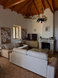 a living room with two couches and a fireplace at Villa Panόrama in Riglia
