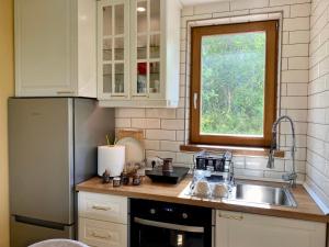 a kitchen with a sink and a refrigerator at Vila Vlasinski mir in Surdulica