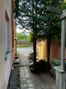 Un camino de entrada con un árbol al lado de una valla en The Hideout, en Estocolmo 1 foto más