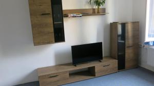 a tv sitting on a wooden stand in a room at Zámecký areál Dub in Dub