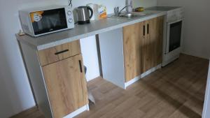 a kitchen with a counter with a microwave and a sink at Zámecký areál Dub in Dub