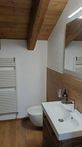 a bathroom with a white sink and a toilet at NUBERLAND nuovo alloggio appena ristrutturato e inaugurato in Gaby