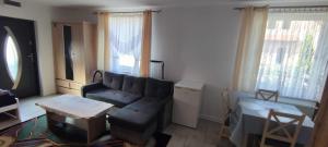 a living room with a couch and a table at Apartament Przylesie 2 in Stężyca