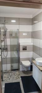 a bathroom with a shower and a toilet and a sink at Apartament Przylesie 2 in Stężyca