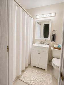 a bathroom with a sink and a toilet and a mirror at Modern Main Street Charm in Georgetown +10 photos