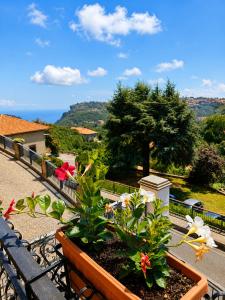 a balcony with a bench and a garden with flowers at Il Borgo in Agerola