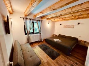 a bedroom with a bed and a couch in a room at La Izvoare in Clopotiva